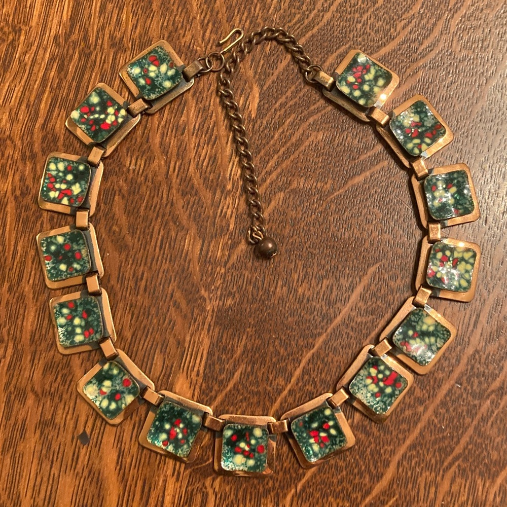 Matisse Vintage enamel copper green red yellow Squares Necklace 1960’s MCM
